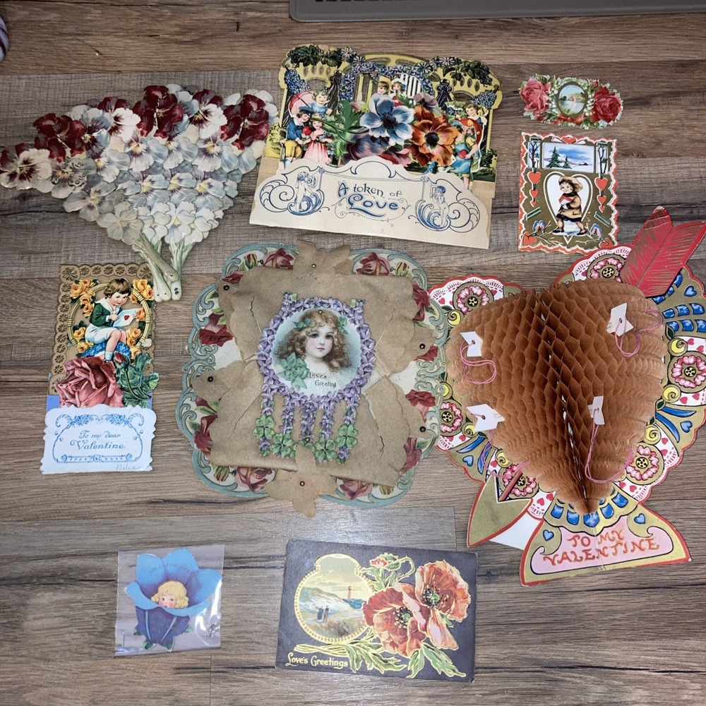 Vintage Valentine Cards Die Cut Mechanical Ephemera Honeycomb 20s-50s Lot Of 9